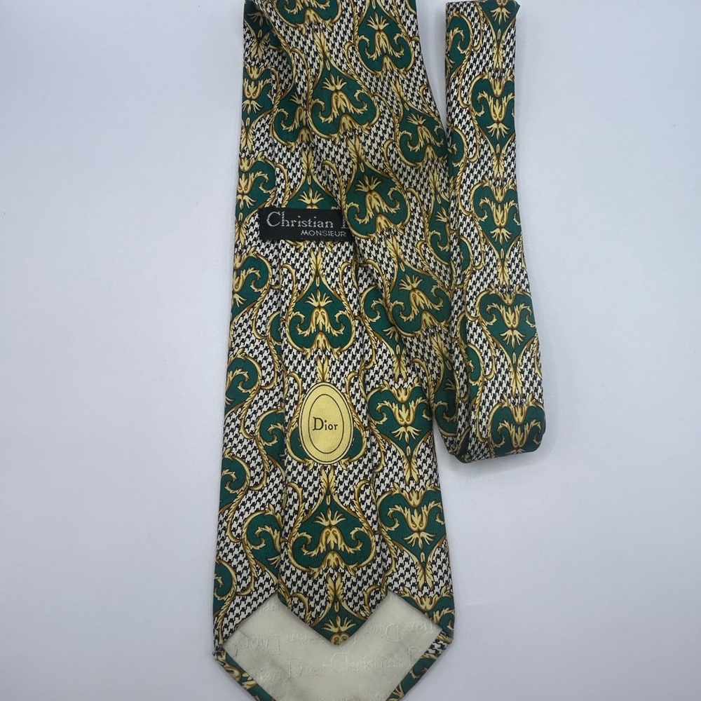 Vintage Christian Dior Green and Gold Patterned Tie